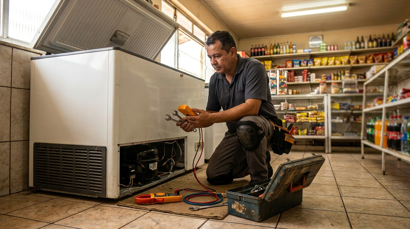 Profissional executando manutenção no motor de freezer em Taubaté‑SP