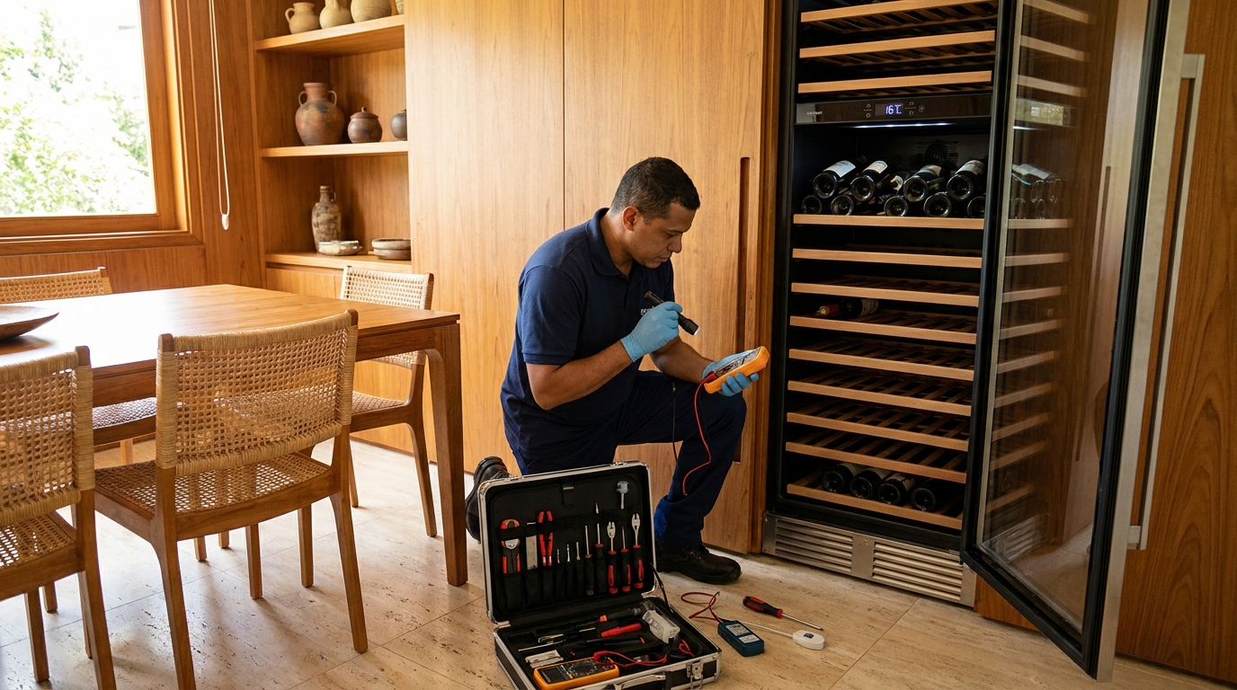 Substituição de termostato em adega climatizada em visita técnica em Taubaté‑SP